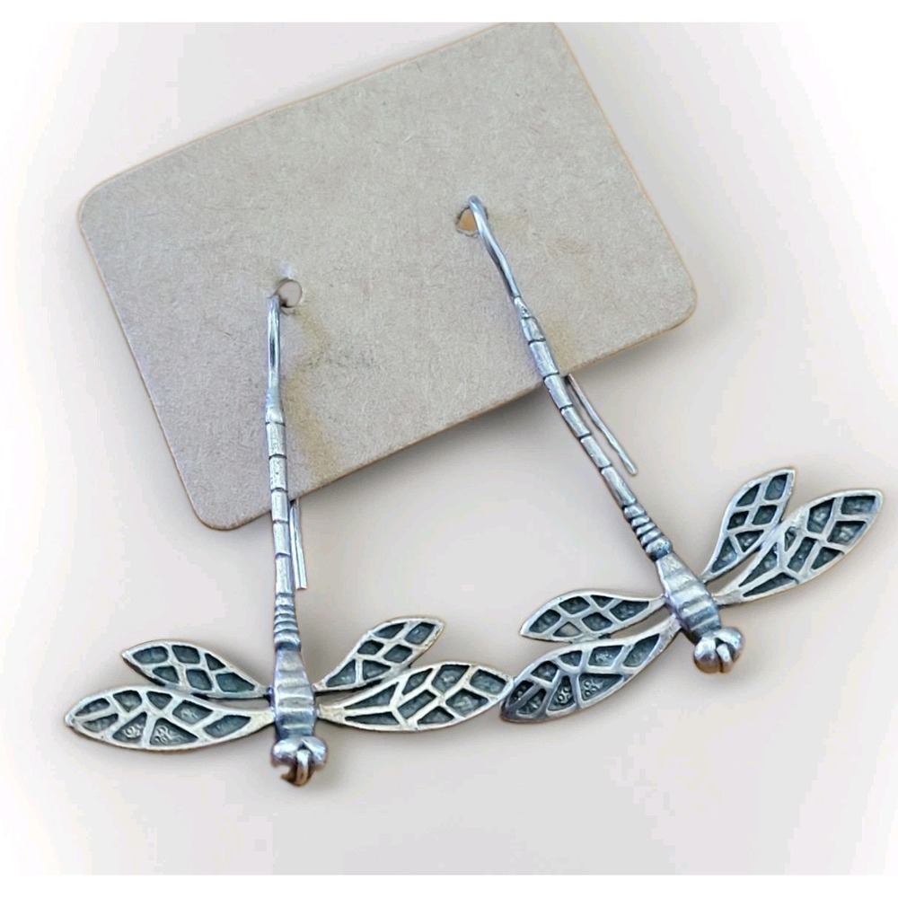 Vintage 925 Sterling Silver Long Dragonfly Dangle Earrings Openwork